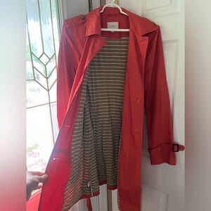 Loft trench coat; size Large; coral with tan stripe inside